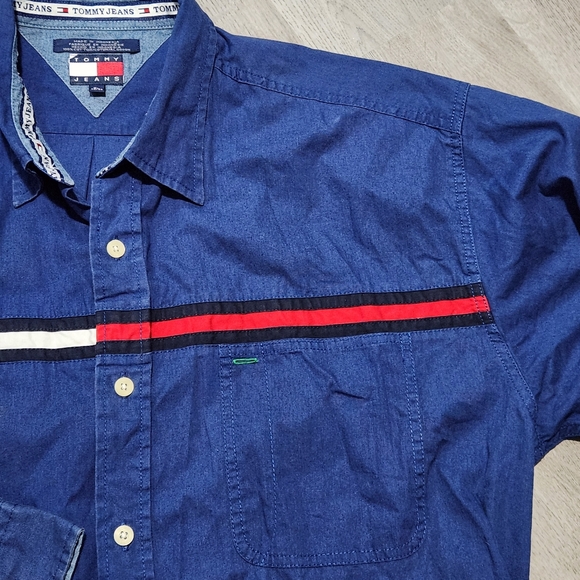 Vintage 90s Tommy Jeans Hilfiger Button Up Shirt Navy Blue Center Stripe Sz XL - Picture 3 of 9